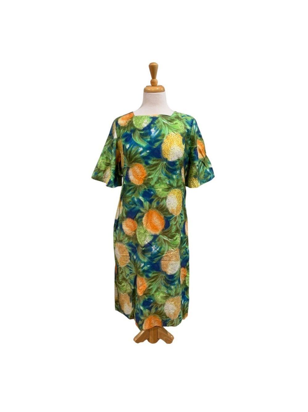 Vntg 70’s Women's Ui-Maikai Green Orange Pineapple Print Dress size M/L